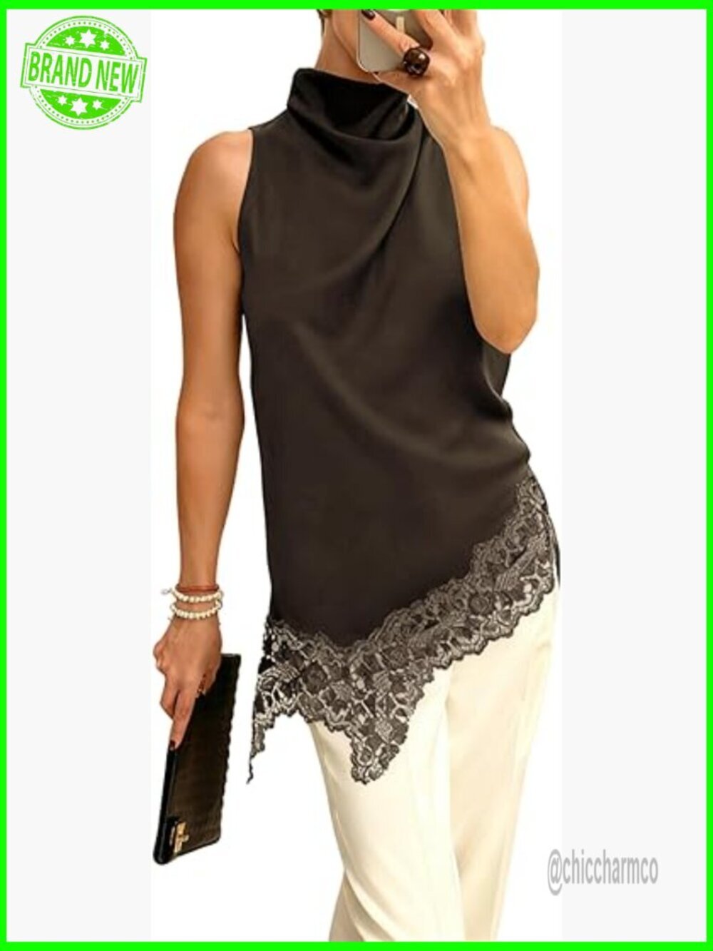Mock Neck Satin Lace Trim Sleeveless Tank Top Asymmetric Hem Y2k Going Out